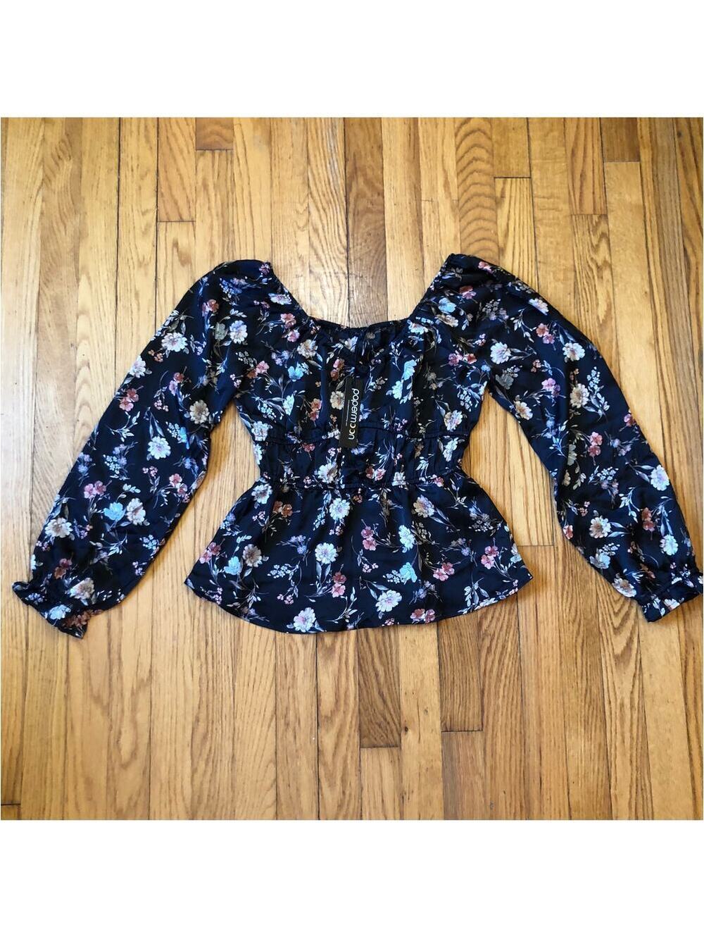 Papermoon NWT Women's Black Floral Sinch Waist Bubble Blouse - Size S